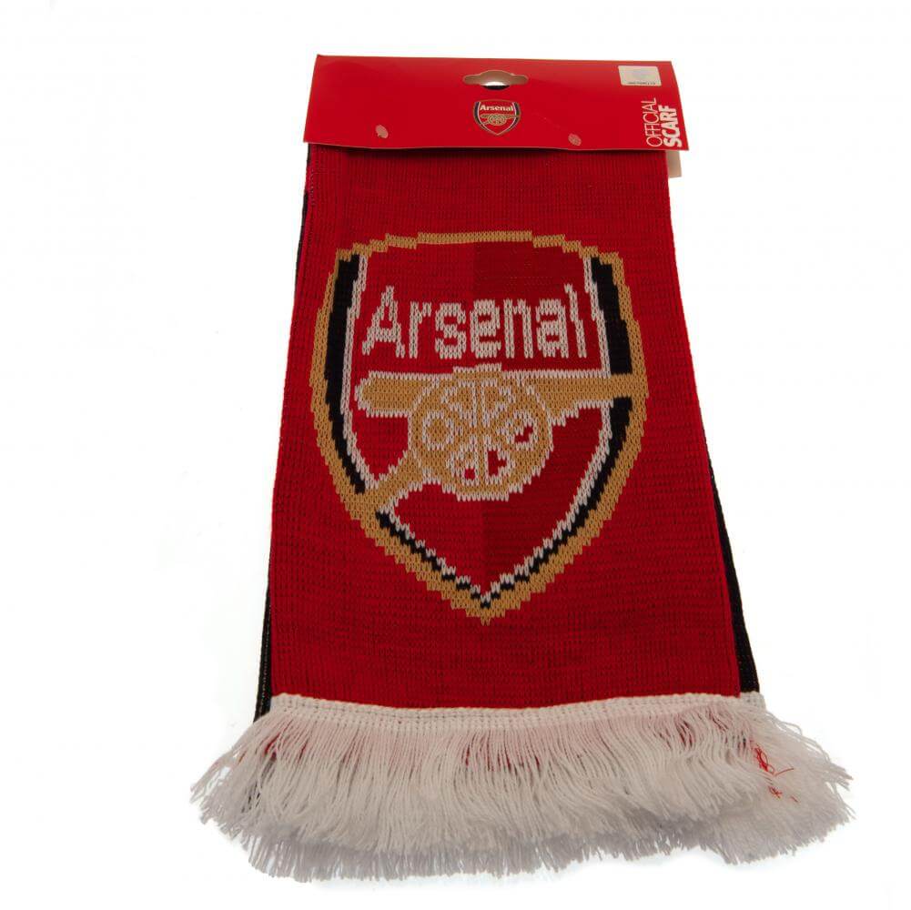 Arsenal FC Split Scarf LKT Sport Navy blue and red split jacquard knit scarf with a white fringeArsenal text in white and gold and repeated on the reverseBoth sides feature a large Arsenal club crest at each endOfficial licensed productApprox 132cm x 19cm