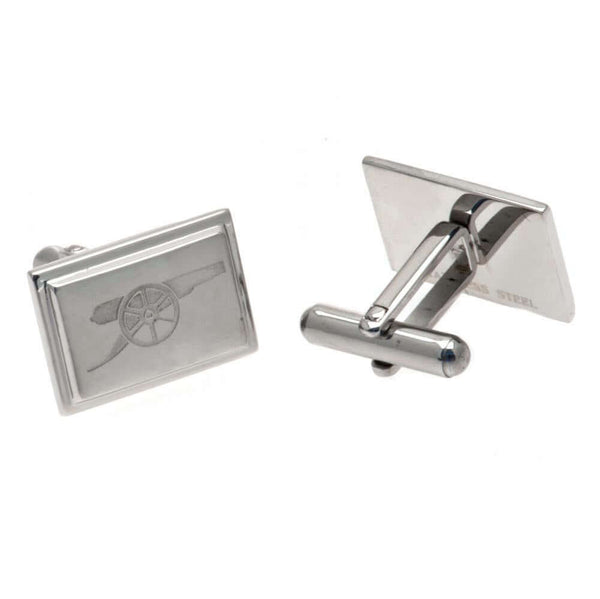Arsenal FC Stainless Steel Cannon Cufflinks LKT Sport Stainless steel rectangular cufflinks in a brushed satin finishEach cufflink is engraved with the Arsenal cannonOn a bullet back fixingOfficial licensed productApprox 20mm x 10mm Cufflinks