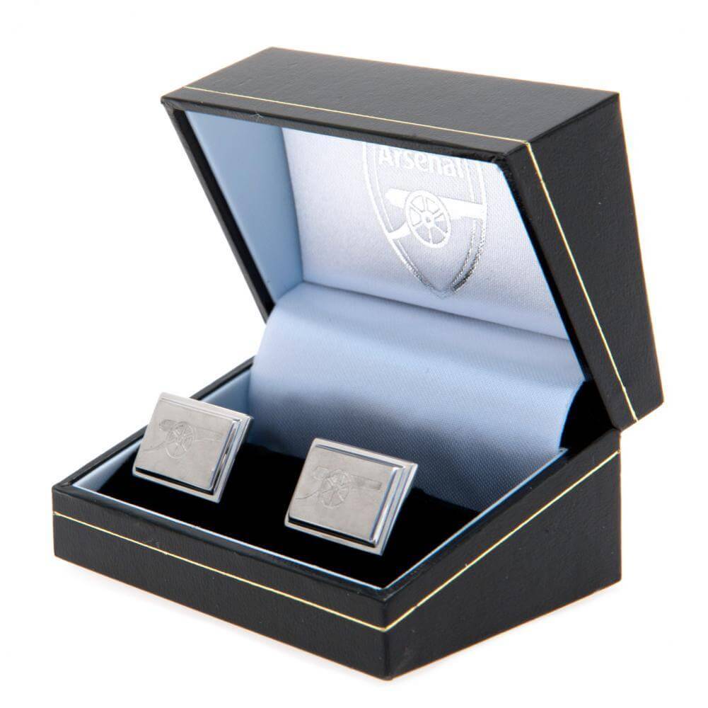 Arsenal FC Stainless Steel Cannon Cufflinks LKT Sport Stainless steel rectangular cufflinks in a brushed satin finishEach cufflink is engraved with the Arsenal cannonOn a bullet back fixingOfficial licensed productApprox 20mm x 10mm Cufflinks