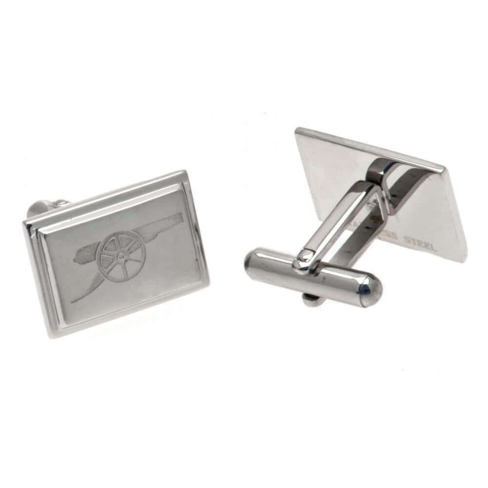 Arsenal FC Stainless Steel Cannon Cufflinks LKT Sport Stainless steel rectangular cufflinks in a brushed satin finishEach cufflink is engraved with the Arsenal cannonOn a bullet back fixingOfficial licensed productApprox 20mm x 10mm Cufflinks