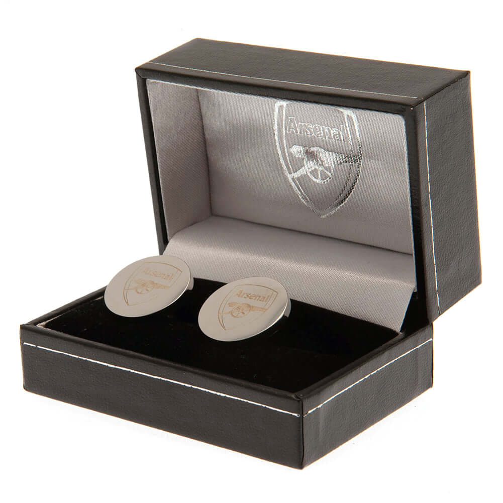 Arsenal FC Stainless Steel Round Cufflinks LKT Sport Stainless steel round cufflinks in a chrome finishEach cufflink is engraved with the Arsenal FC crestOn a bullet back fixingOfficial licensed productApprox 20mm x 20mm Cufflinks