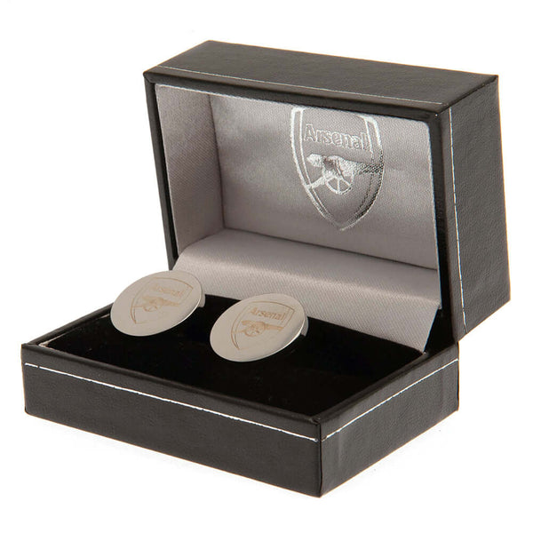 Arsenal FC Stainless Steel Round Cufflinks LKT Sport Stainless steel round cufflinks in a chrome finishEach cufflink is engraved with the Arsenal FC crestOn a bullet back fixingOfficial licensed productApprox 20mm x 20mm Cufflinks