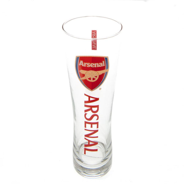 Arsenal FC Tall Beer Glass LKT Sport Tall slim pilsner style pint glass Features Arsenal text in red and full colour club crest White Arsenal text on small red block detail on reverse Official licensed product Approx 570ml (1 pint) Approx 24cm tall, 7cm i