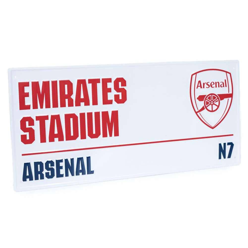 Arsenal FC White Street Sign LKT Sport Gloss finish design stamped metal wall signEmirates Stadium road sign, the home of Arsenal FC on a white backgroundReady to hang on the wall with four small holes for fixingOfficial licensed productApprox 40cm x 18cm