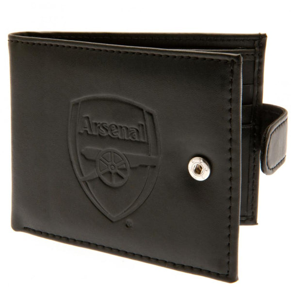Arsenal FC rfid Anti Fraud Wallet LKT Sport Black leather wallet with RFID anti fraud technology Features a large debossed club crest and secure stud fastener 3 card slots and a window compartment 2 note compartments 1 additional compartment Official lice