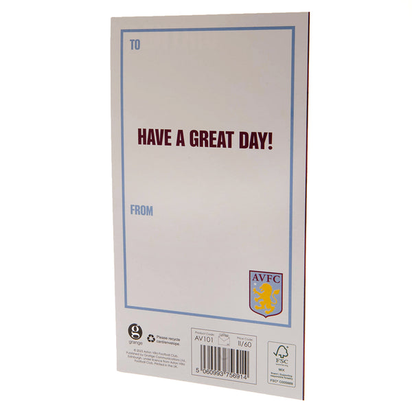 Aston Villa FC Crest Birthday Card LKT Sport Colourful gloss finish fold out birthday cardFeaturing a large Aston Villa crest with Happy Birthday on the topMessage on the reverse reads 'Have a Great Day!'Official licensed productApprox 23cm x 12cm Greetin