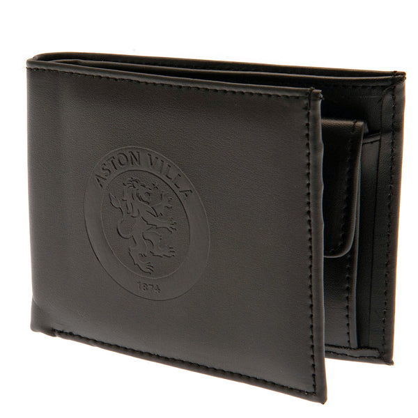 Aston Villa FC Debossed Wallet LKT Sport Black PU wallet featuring a large debossed club crest3 card slots and 2 note pocketsChange pocket with secure stud fastener1 additional compartmentOfficial licensed productApprox 11cm x 9cm Wallets