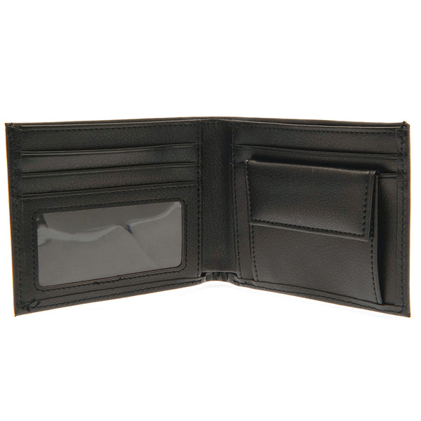 Aston Villa FC Embroidered Wallet LKT Sport Black PU wallet featuring a large embroidered club crest3 card slots, a window slot and 2 note pocketsChange pocket with secure stud fastener2 additional compartmentsOfficial licensed productApprox 11cm x 9cm Wa