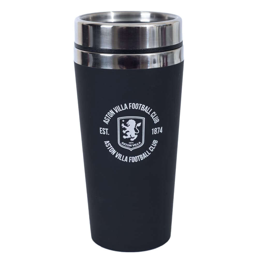 Aston Villa FC Executive Travel Mug LKT Sport Stainless steel double-walled thermal travel mugMaintains the temperature of your drink for longerExecutive design finished with a matt black soft feelSilver rim screw top lid with slide close drinking holeOff