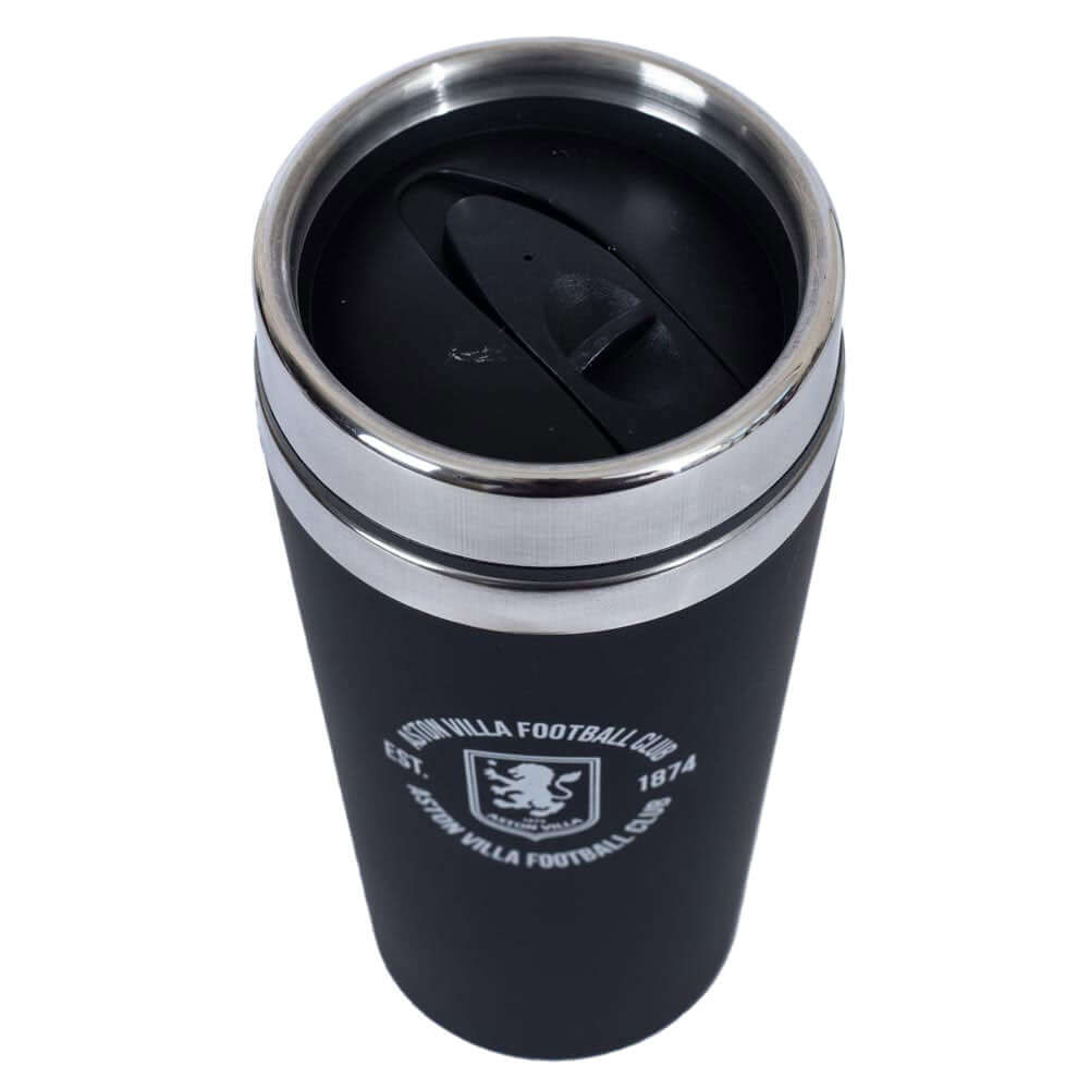 Aston Villa FC Executive Travel Mug LKT Sport Stainless steel double-walled thermal travel mugMaintains the temperature of your drink for longerExecutive design finished with a matt black soft feelSilver rim screw top lid with slide close drinking holeOff