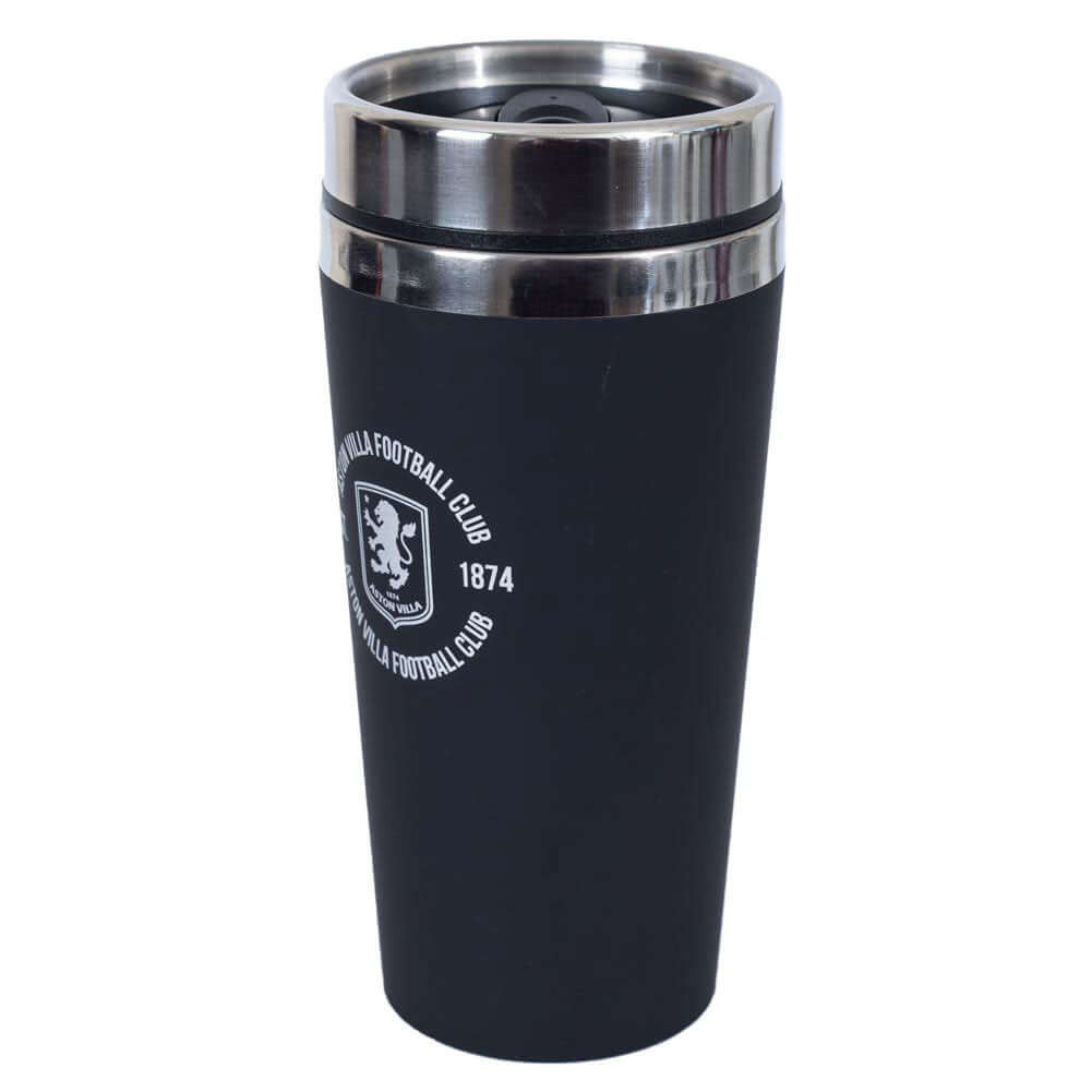 Aston Villa FC Executive Travel Mug LKT Sport Stainless steel double-walled thermal travel mugMaintains the temperature of your drink for longerExecutive design finished with a matt black soft feelSilver rim screw top lid with slide close drinking holeOff