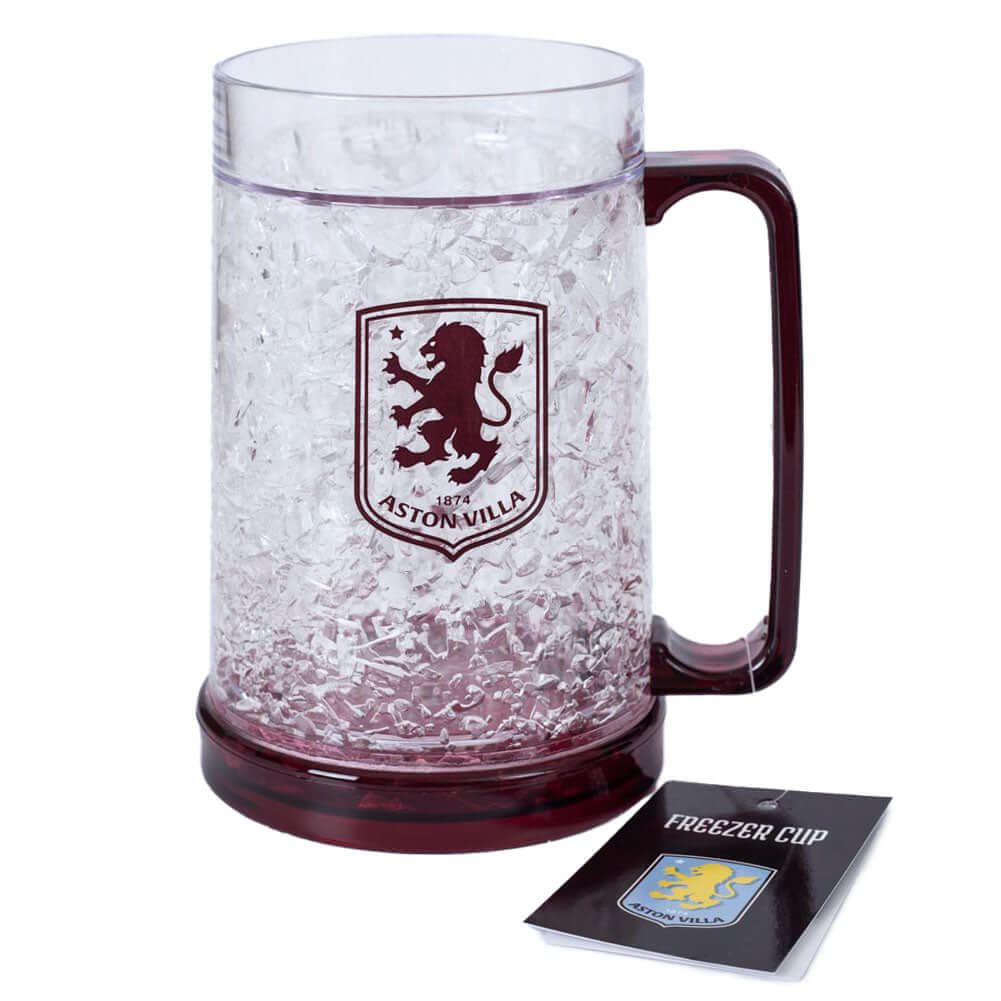 Aston Villa FC Freezer Mug LKT Sport Frosted effect double walled gel filled freezer mugFeaturing claret base, handle and Aston Villa club crestOfficial licensed productApprox 420ml (14oz)Approx 15cm tall, 9cm in diameter Mugs