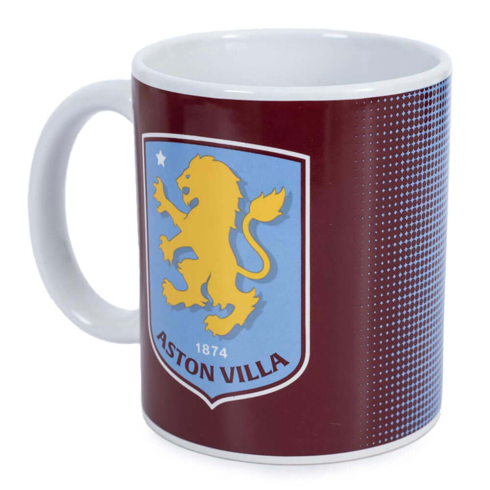 Aston Villa FC Halftone Mug LKT Sport Ceramic everyday coffee mugHalftone design featuing a full colour Villa crestGlazed kiln fired finish with white handleOfficial licensed productApprox 315ml (11oz)Approx 9cm tall, 8cm in diameter Mugs