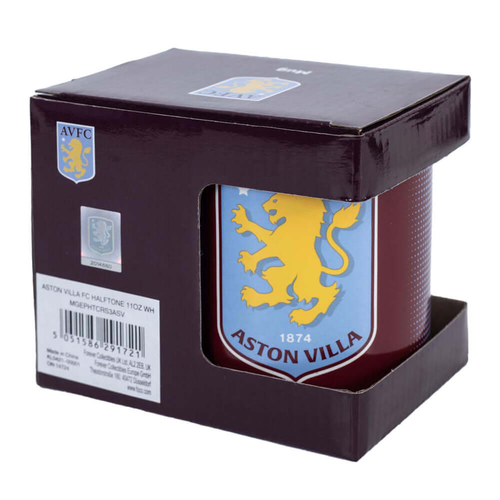 Aston Villa FC Halftone Mug LKT Sport Ceramic everyday coffee mugHalftone design featuing a full colour Villa crestGlazed kiln fired finish with white handleOfficial licensed productApprox 315ml (11oz)Approx 9cm tall, 8cm in diameter Mugs