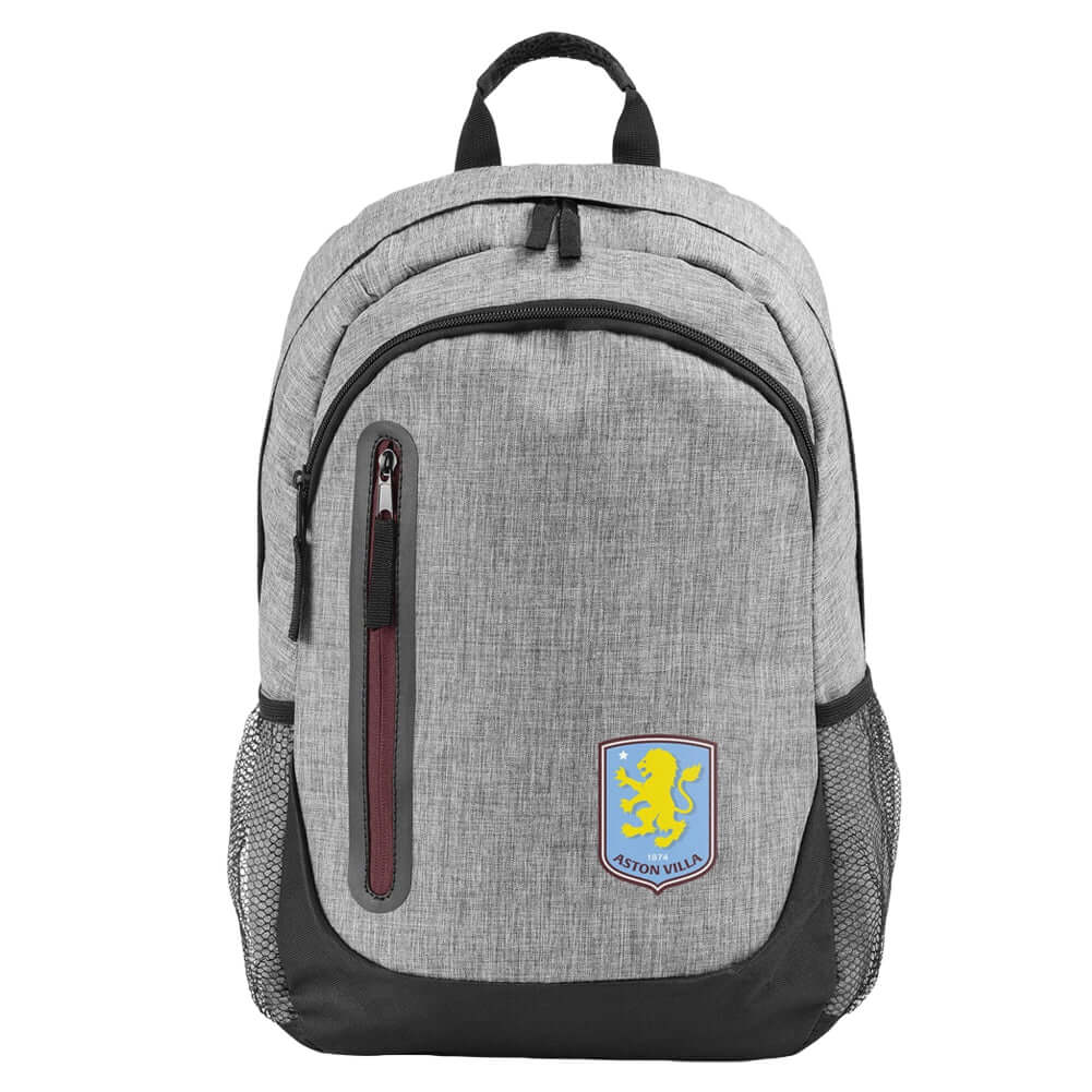 Aston Villa FC Heather Grey Backpack LKT Sport Stylish grey backpack featuring the Villa crestPadded back panel for comfort with adjustable shoulder straps and a carry strapMain compartment has a double zipped opening for easy accessLarge internal laptop Main image