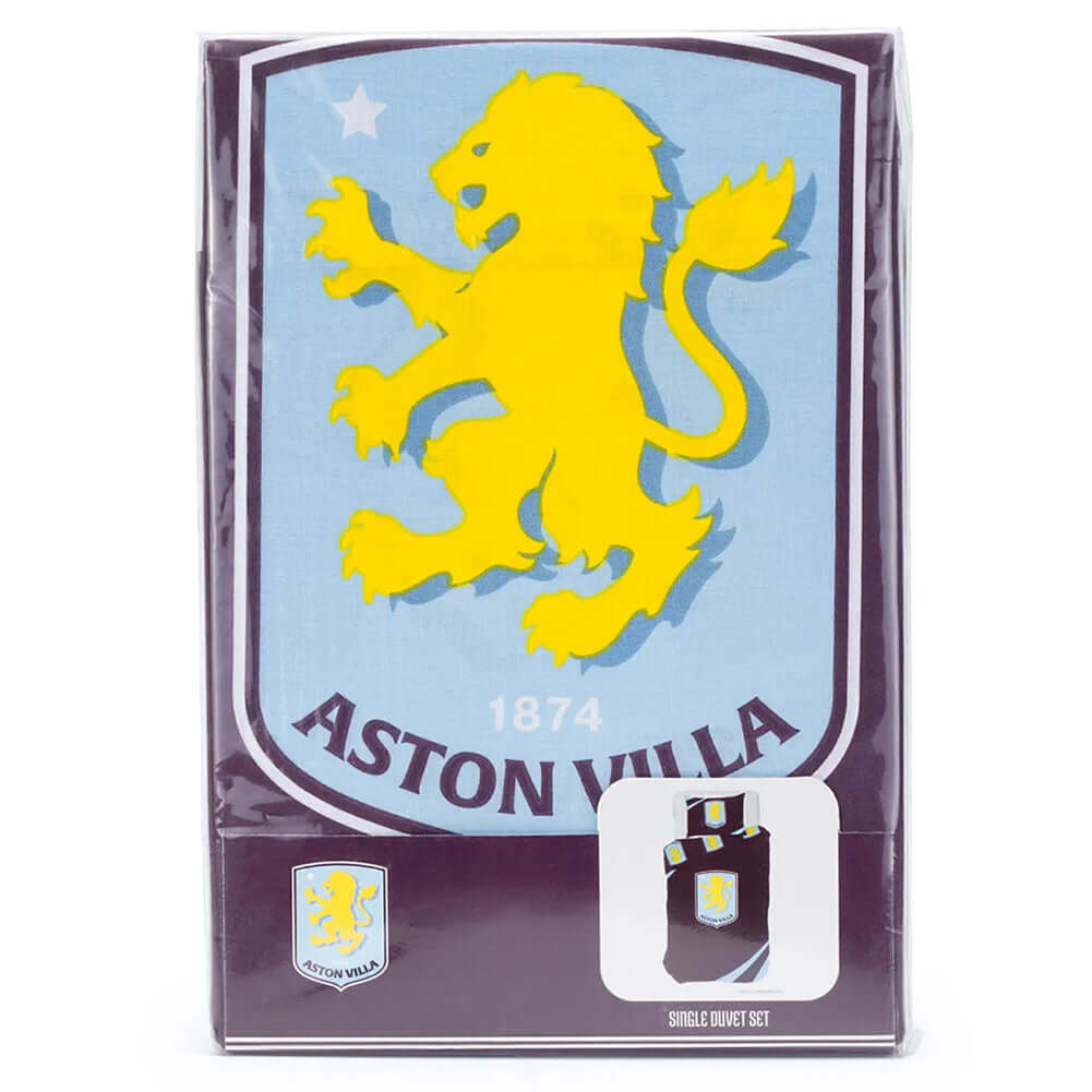 Aston Villa FC Single Duvet Set LKT Sport Vibrant claret and blue reversible duvet cover with a large Villa crestPillowcase features a large full colour club crestMulti crest design on the reverse52% polyester 48% cotton machine washableOfficial licensed
