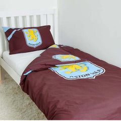 Aston Villa FC Single Duvet Set LKT Sport Vibrant claret and blue reversible duvet cover with a large Villa crestPillowcase features a large full colour club crestMulti crest design on the reverse52% polyester 48% cotton machine washableOfficial licensed