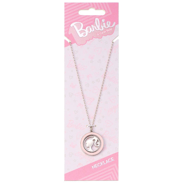 Barbie Spinning Silhouette Necklace LKT Sport This spinning Silhouette Necklace has an eye-catching pink enamelled outer ring with a spinning silhouette pendantFeaturing a spinning image of Barbie in her famous poseIncludes a 66cm silver tone chainPart of