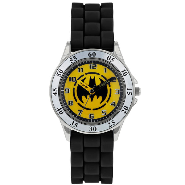 Batman Junior Time Teacher Watch LKT Sport Junior analogue watch with easy read numbers and time teacher handsFeaturing a Batman dial in metal casingSilicone strap with traditional buckle fasteningManufacturer's 1 year guaranteeOfficial licensed productSu