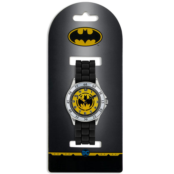 Batman Junior Time Teacher Watch LKT Sport Junior analogue watch with easy read numbers and time teacher handsFeaturing a Batman dial in metal casingSilicone strap with traditional buckle fasteningManufacturer's 1 year guaranteeOfficial licensed productSu