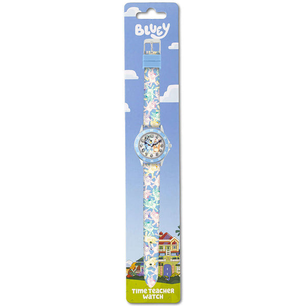 Bluey Junior Time Teacher Watch LKT Sport Junior analogue watch with easy read numbers and time teacher handsFeaturing a Bluey and Bingo dial in metal casingSilicone strap with traditional buckle fasteningManufacturer's 1 year guaranteeOfficial licensed p