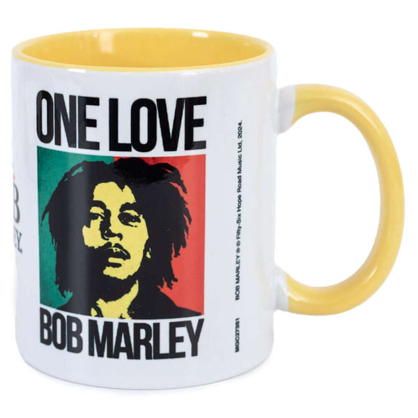 Bob Marley One Love Mug LKT Sport Ceramic everyday coffee mugWhite mug with a yellow inner, with the famous ONE LOVE image in two positionsGlazed kiln fired finishOfficial licensed productApprox 315ml (11oz)Approx 9cm tall, 8cm in diameter Mugs