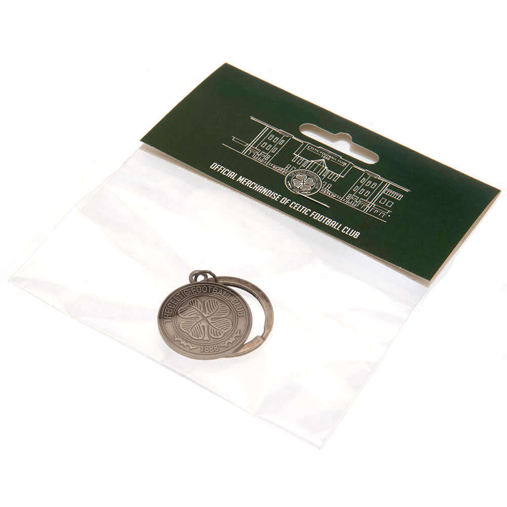 Celtic FC Antique Silver Crest Keyring LKT Sport Metal crest shaped keyring with chain and split ringDie stamped designMetal alloy with antique silver style finishOfficial licensed productApprox 30mm x 30mm Keychains