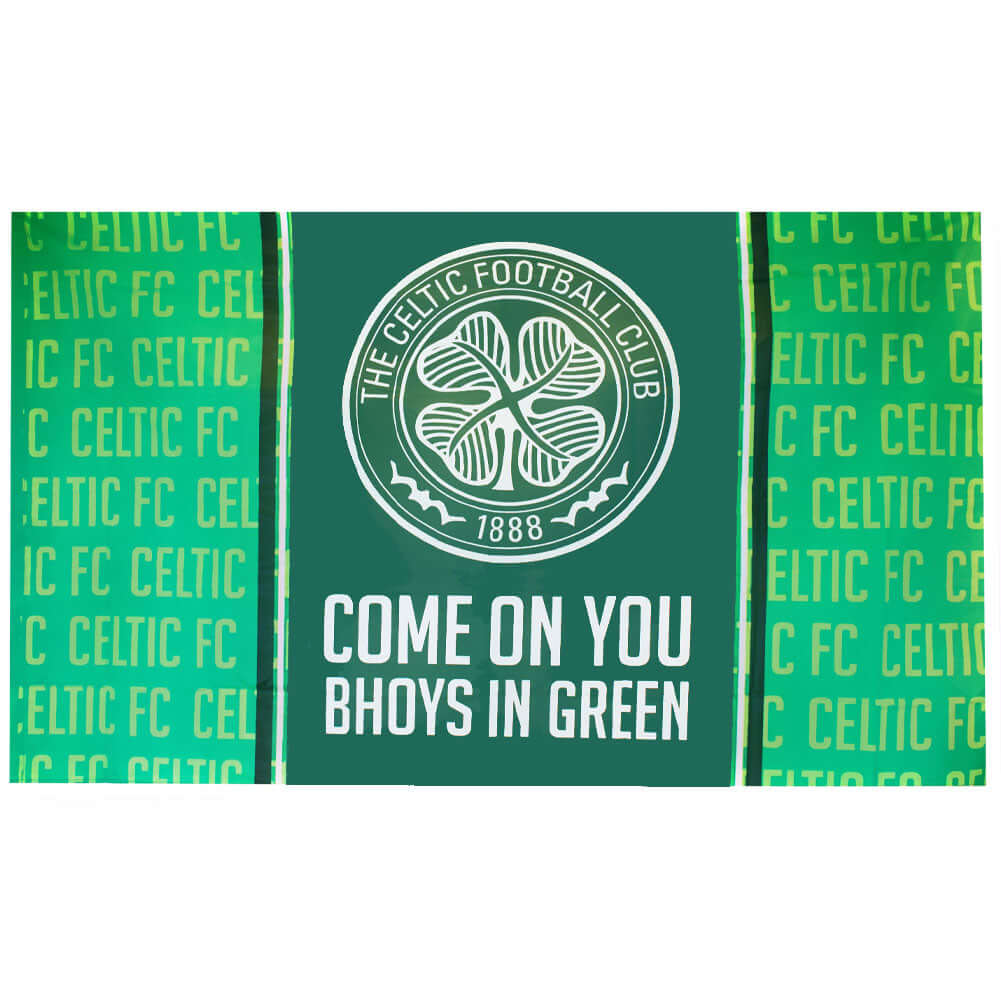 Celtic FC Bhoys Flag LKT Sport Large 100% polyester supporters flagThis green flag features a white Celtic crestWith a repeat Celtic pattern and Come On You Bhoys In Green textPerfect for any wall with ready to hang metal eyeletsOfficial licensed productA