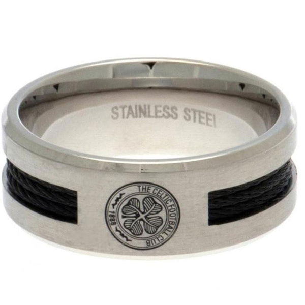 Celtic FC Black Inlay Ring Small LKT Sport Stainless steel ring featuring a black rope insert Brushed satin finish and engraved with the Celtic crest Official licensed product Internal diameter approx 19mm Ring size R Presented in a gift box Rings