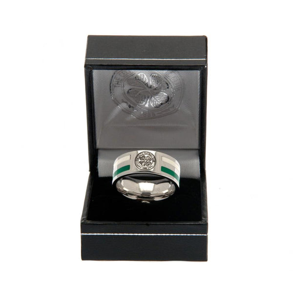 Celtic FC Colour Stripe Ring Small LKT Sport Stainless steel ring featuring green and white colour inserts Chrome finish and engraved with the Celtic crest Official licensed product Internal diameter approx 19mm Ring size R Presented in a gift box Rings