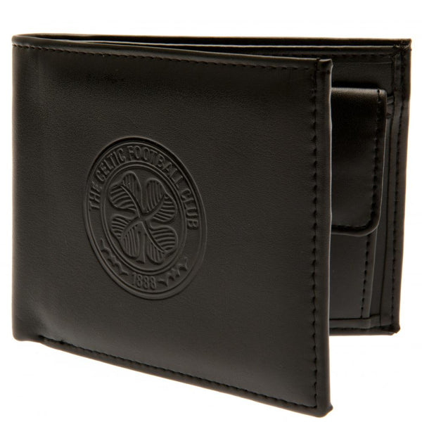 Celtic FC Debossed Wallet LKT Sport Black PU wallet featuring a large debossed club crest 3 card slots and 2 note pockets Change pocket with secure stud fastener 1 additional compartment Official licensed product Approx 11cm x 9cm In a display box Wallets