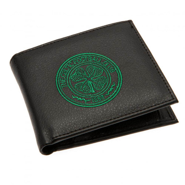 Celtic FC Embroidered Wallet LKT Sport Black PU wallet featuring a large embroidered club crest3 card slots, a window slot and 2 note pocketsChange pocket with secure stud fastener2 additional compartmentsOfficial licensed productApprox 11cm x 9cm Wallets