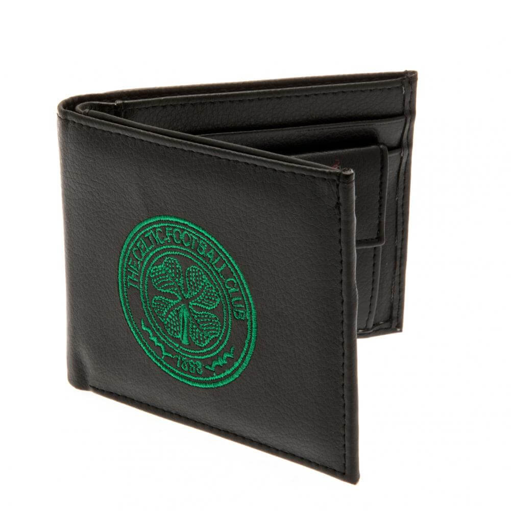 Celtic FC Embroidered Wallet LKT Sport Black PU wallet featuring a large embroidered club crest3 card slots, a window slot and 2 note pocketsChange pocket with secure stud fastener2 additional compartmentsOfficial licensed productApprox 11cm x 9cm Wallets