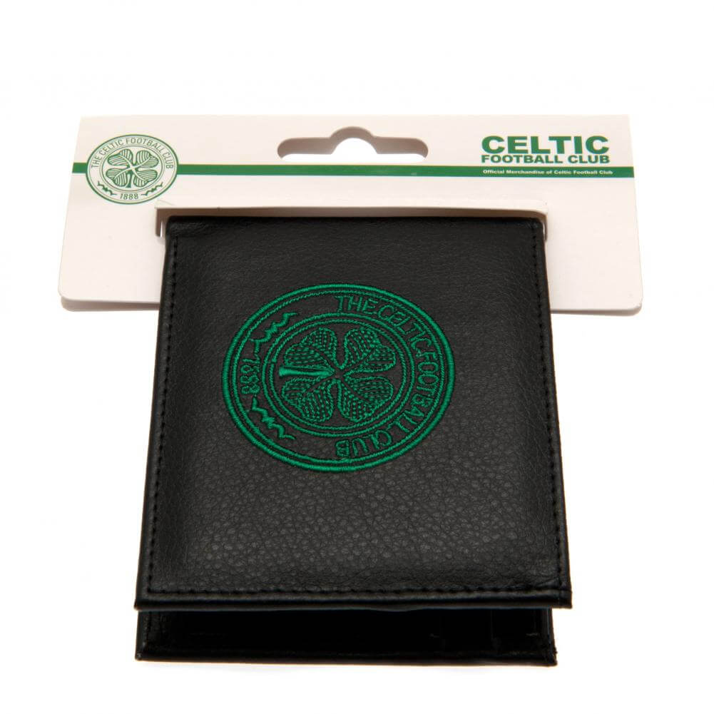 Celtic FC Embroidered Wallet LKT Sport Black PU wallet featuring a large embroidered club crest3 card slots, a window slot and 2 note pocketsChange pocket with secure stud fastener2 additional compartmentsOfficial licensed productApprox 11cm x 9cm Wallets