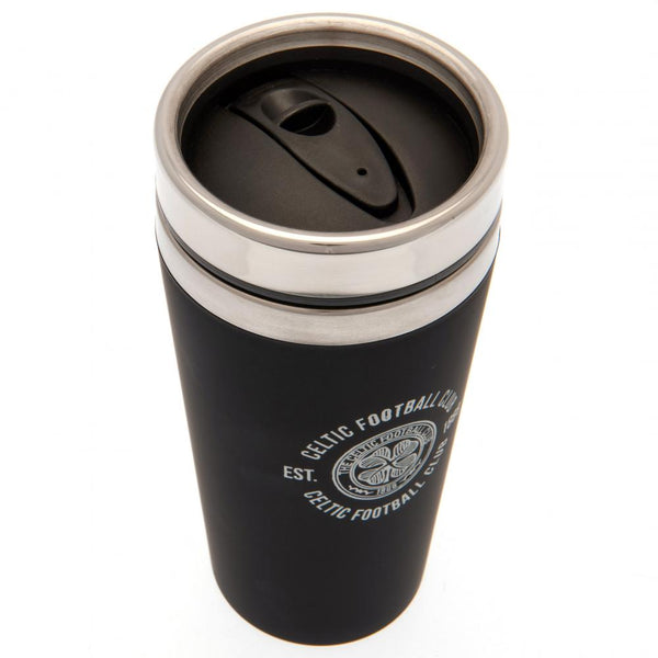 Celtic FC Executive Travel Mug LKT Sport Stainless steel double-walled thermal travel mug Maintains the temperature of your drink for longer Executive design finished with a matt black soft feel Silver rim screw top lid with slide close drinking hole Offi