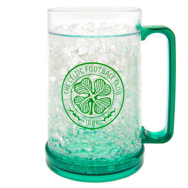 Celtic FC Freezer Mug LKT Sport Frosted effect double walled gel filled freezer mugFeaturing green base, handle and Celtic FC club crestOfficial licensed productApprox 420ml (14oz)Approx 15cm tall, 9cm in diameter Mugs