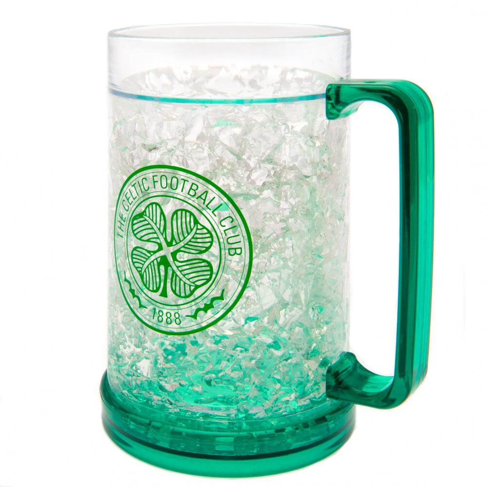 Celtic FC Freezer Mug LKT Sport Frosted effect double walled gel filled freezer mugFeaturing green base, handle and Celtic FC club crestOfficial licensed productApprox 420ml (14oz)Approx 15cm tall, 9cm in diameter Mugs