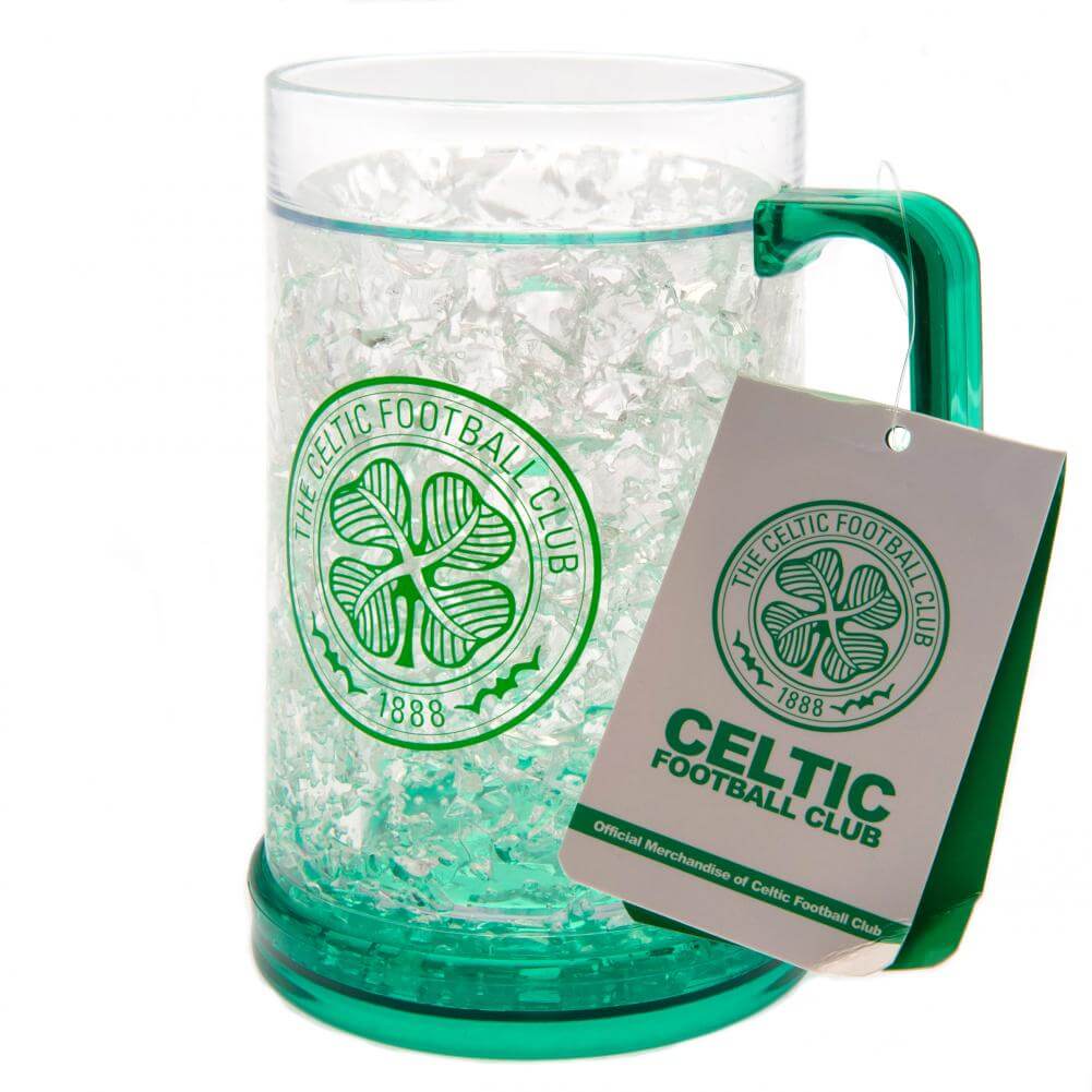 Celtic FC Freezer Mug LKT Sport Frosted effect double walled gel filled freezer mugFeaturing green base, handle and Celtic FC club crestOfficial licensed productApprox 420ml (14oz)Approx 15cm tall, 9cm in diameter Mugs
