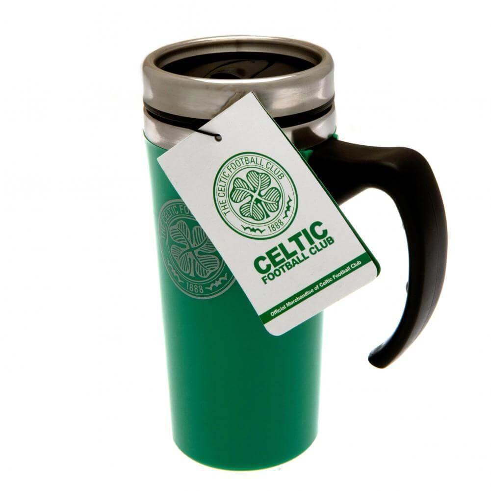 Celtic FC Handled Travel Mug LKT Sport Stainless steel double-walled thermal travel mugMaintains the temperature of your drink for longerGreen gloss finish with a printed Celtic crestScrew top lid with slide closing drinking holeFeatures an ergonomic hand