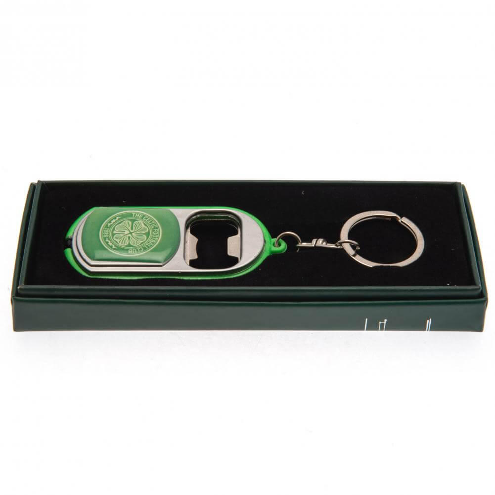 Celtic FC Keyring Torch Bottle Opener LKT Sport Plastic club crested keyringWith a bottle opener functionIncludes a battery powered torchOfficial licensed productApprox 7cm x 3cm Keychains