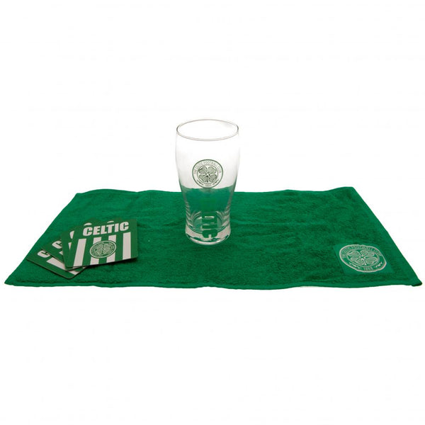 Celtic FC Mini Bar Set LKT Sport Mini bar set with tulip style pint glass featuring green Celtic text and club crest Includes green bar towel with white club crest detail Set of 4 beer mats with Celtic text and club crest Official licensed product Bar tow