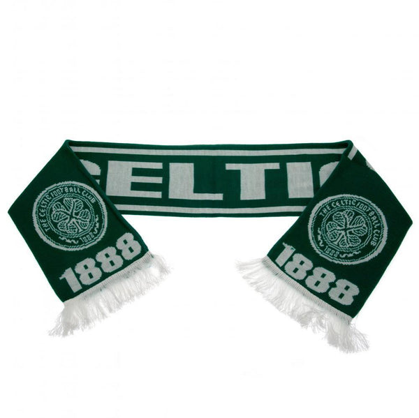 Celtic FC Scarf LKT Sport Green jacquard knit scarf with white stripe detail and fringe Both sides feature Celtic text with a large club crest and 1888 detail at each end Official licensed product Approx 132cm x 19cm On a header card Scarves