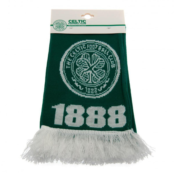 Celtic FC Scarf LKT Sport Green jacquard knit scarf with white stripe detail and fringe Both sides feature Celtic text with a large club crest and 1888 detail at each end Official licensed product Approx 132cm x 19cm On a header card Scarves