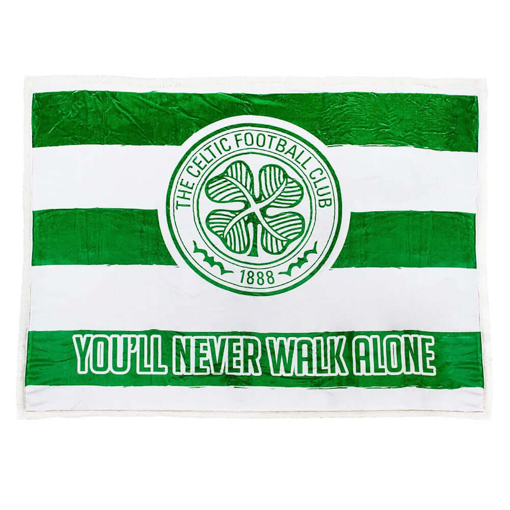 Celtic FC Sherpa Fleece Blanket LKT Sport Featuring a vibrant Celtic green and white stripe detail with a colour crest in the middle, includes the words 'You'll never walk alone' underneathLuxury super soft and warm white sherpa fleece reverse100% polyest