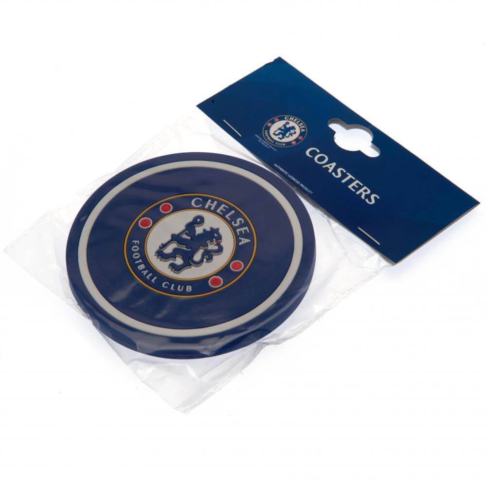 Chelsea FC 2pk Coaster Set LKT Sport Pack of 2 flexible non slip silicone coastersVibrant colour coasters each with a stamped Chelsea crestWipe clean finishOfficial licensed productApprox 10cm in diameter Coasters