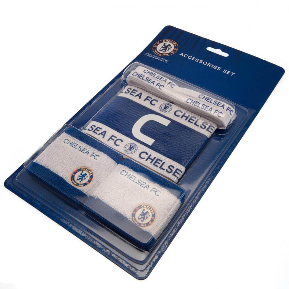 Chelsea FC Accessories Set LKT Sport This essential training accessories set features vibrant team colours and club crestsPair of white and blue soft cotton wristbands with the Chelsea crestTeam colour captains arm band and boot laces featuring Chelsea te