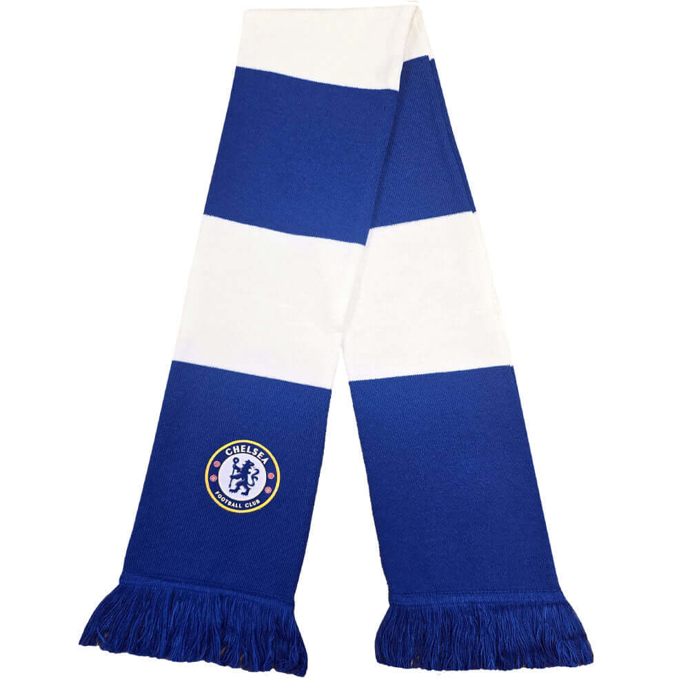Chelsea FC Bar Scarf LKT Sport Royal blue and white bar stripe design jacquard knit scarf with royal blue fringeFeatures a large Chelsea club crest on both sides at each endOfficial licensed productApprox 132cm x 19cm Scarves