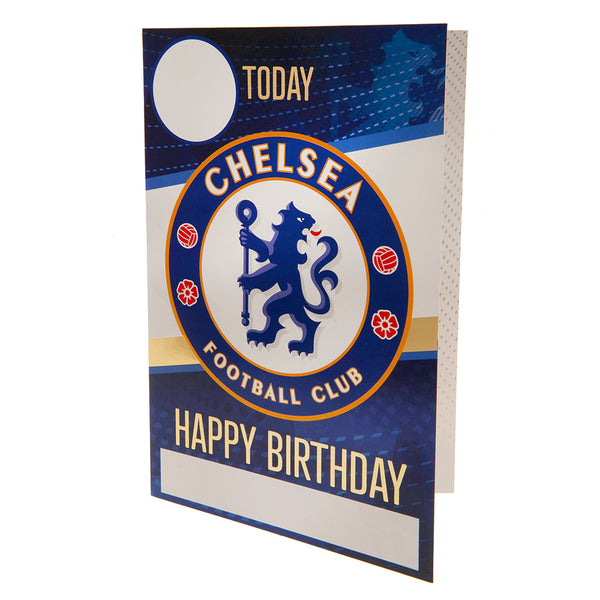 Chelsea FC Birthday Card With Stickers LKT Sport Blue and white gloss finish birthday cardFeaturing a space on the front to personalise with name and ageIncludes gold stickers to compliment the design of the cardMessage inside reads 'Have a great day, you