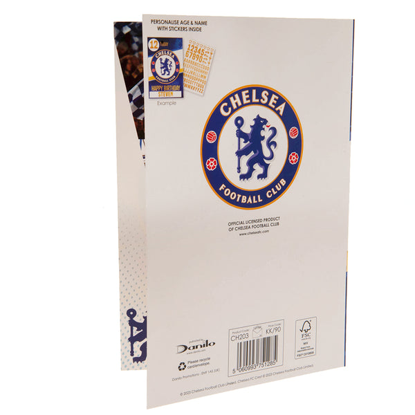 Chelsea FC Birthday Card With Stickers LKT Sport Blue and white gloss finish birthday cardFeaturing a space on the front to personalise with name and ageIncludes gold stickers to compliment the design of the cardMessage inside reads 'Have a great day, you
