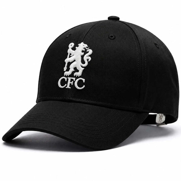 Chelsea FC Black Cap LKT Sport Midnight black classic design curved brim capFeatures an embroidered Chelsea Lion crestWith a metal buckle size adjuster 55-61cmOfficial licensed productAdults, to fit approx 58cm Caps